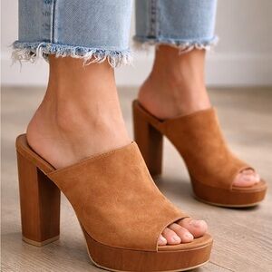 BAMBOO Suede Open-Toe Platform Mules - Tan